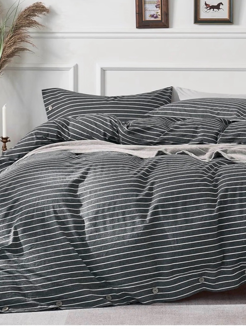Striped Gray and White Cotton Duvet Cover - Full Size